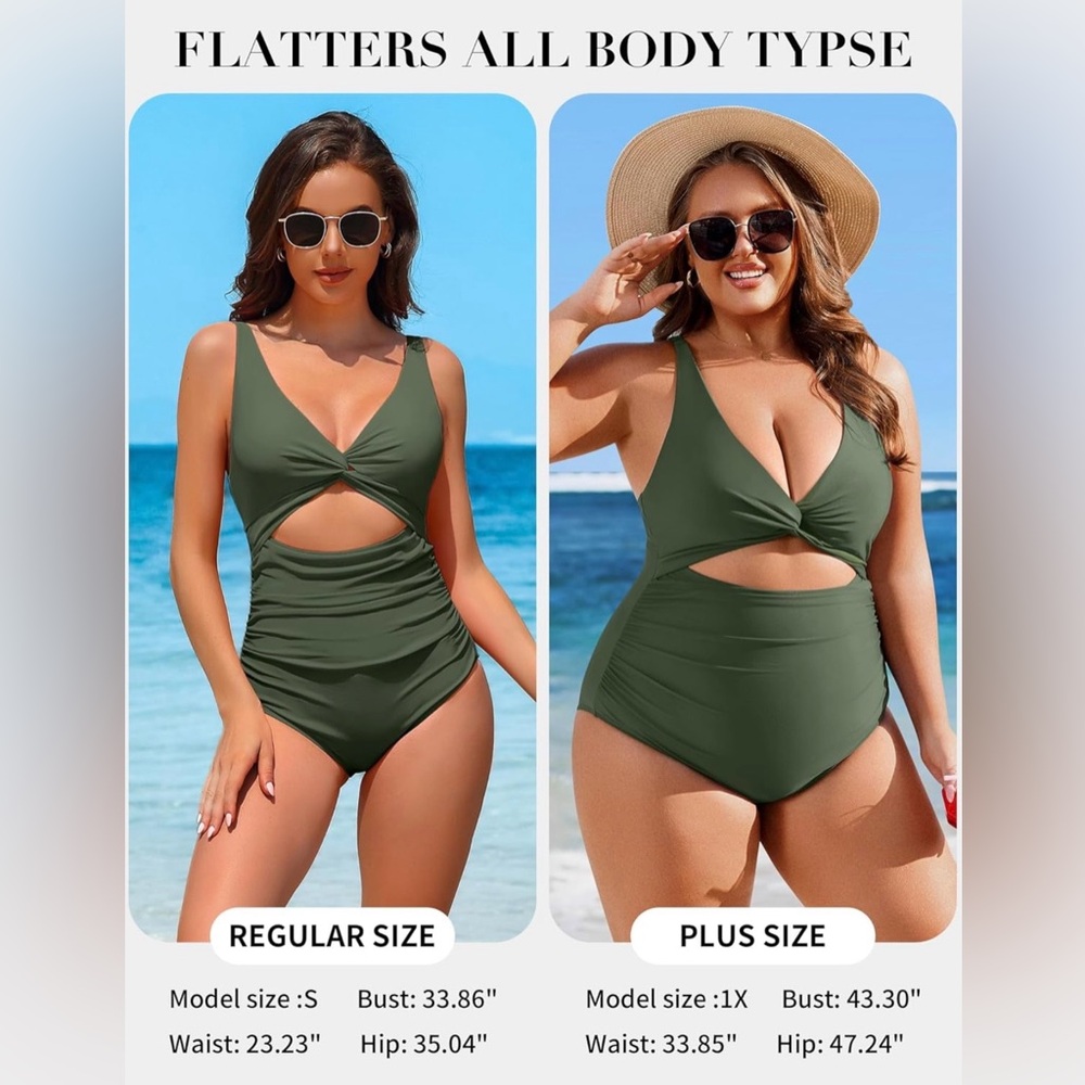 Charmo‎ NWT V-Neck Ruched Cut-Out One Piece Army Green Swimsuit size XL high cut